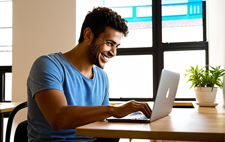 The Entrepreneurial Developer**

Prompt: A Brazilian software developer working on a laptop in a bright, modern co-working space. Code on the screen hints at a financial management application. He's smiling, holding a cup of Brazilian coffee. Sunlight streams through the window, illuminating the scene with a sense of opportunity and innovation. Background elements subtly depict logos of popular freelance platforms in Brazil (ex: 99Freelas).
**